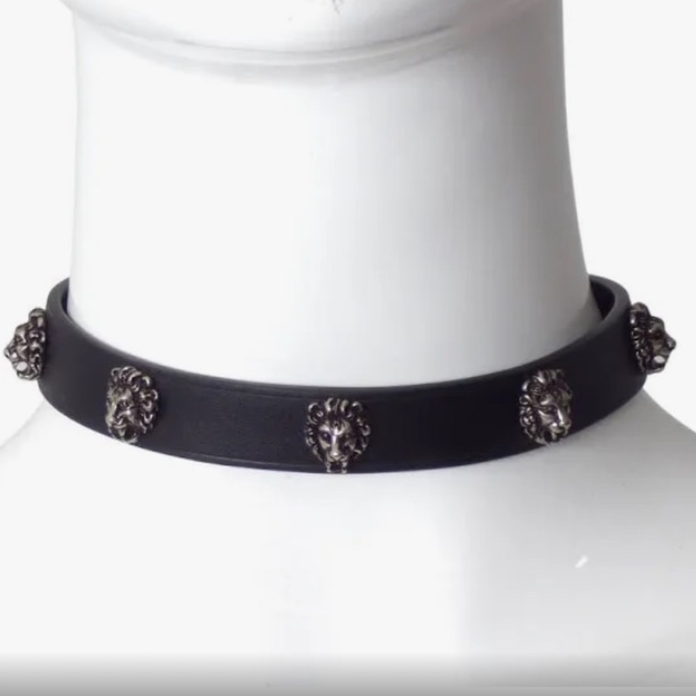 Gucci Black Leather Choker Necklace with Vintage Silver Accents